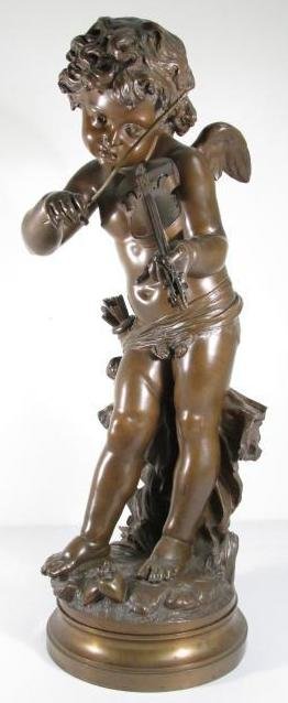 L. GREGOIRE BRONZE SCULPTURE OF A CHERUB WITH VIOLIN: Jean-Louis Gregoire bronze sculpture of a cherub playing the violin. Mounted to rotating base and signed near cherub's foot "L. Gregoire". Condition: very small dent to rim of lower spinning base, top