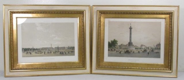 TWO FRENCH HAND COLORED LITHOGRAPHS BY FELIX BENOIST: Lot of two French hand colored lithographs by Felix Benoist. "Paris Dans Sa Splendeur". Includes "Place De La Bastille", and "Place De La Concorde". Condition: minor discoloration to paper and wear to