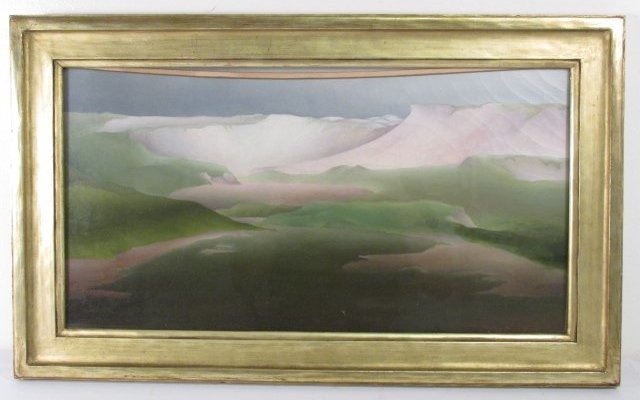 VIRGINIA BERRESFORD OIL ON CANVAS PAINTING: Virginia Berresford oil on canvas painting depicting a mountainous landscape. Signed lower right and framed in a gold tone frame. Condition: minor craquelure to oils (mainly seen on top half), matting