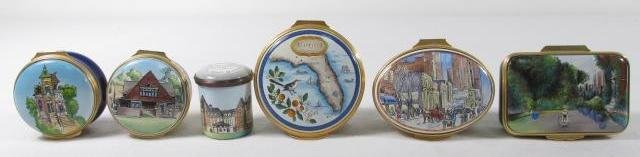 SIX HALCYON DAYS ENGLISH ENAMEL BOXES: Lot of six Halcyon Days English enamel boxes. Includes mostly scenic and/or historic subjects. The two largest are the rectangular box after Claude Monet, and "Christmas in Chicago" at 2.5" wide. Cond