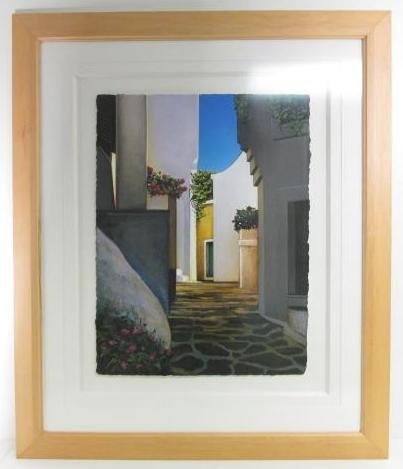 IGOR MEDVEDEV ACRYLIC ON PAPER PAINTING: Igor Medvedev acrylic on paper painting depicting a contemporary courtyard scene. Signed and dated mid lower left "Igor Medvedev 1998". Floated and matted behind acrylic in a maple wood frame. Conditi