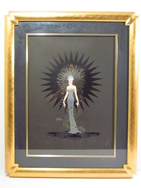 ERTE HAND SIGNED LIMITED EDITION PRINT: "STAR STRUCK": Erte (Romain De Tirtoff, Russian, 1892-1990), hand signed limited edition embossed serigraph titled "Star Struck". Signed lower right "Erte", and numbered "72/300" lower left. Matted and under glass i