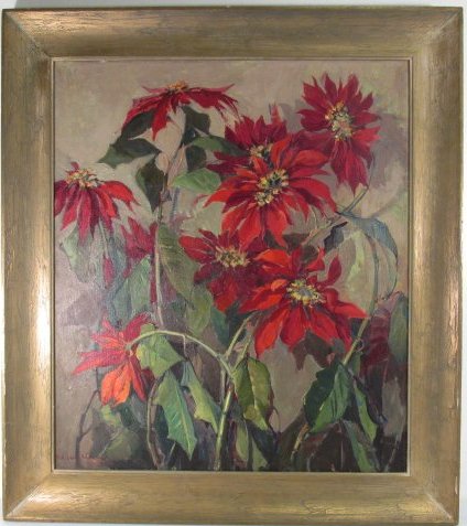 NELL WALKER WARNER OIL ON CANVAS PAINTING: POINSETTIA: Nell Walker Warner oil on canvas painting. Subject: Poinsettia still life. Framed in a weathered wood frame, and signed "Nell Walker Warner" lower left. Condition: minor wear to frame as expected, the