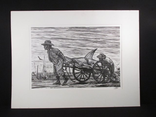ADOLFO QUINTEROS GOMEZ HAND SIGNED LINOCUT PRINT: Adolfo Quinteros Gomez (Mexican, b. 1928) hand signed linocut print. Titled in lower margin "Rombo al Mercado. -Campeche Camp, Mex.-". Signed and dated "Quinteros 68" lower right. Held in a cardstock 