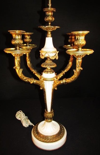 19TH C FRENCH WHITE MARBLE & GILT BRONZE CANDELABRUM: 19th century French white marble and gilt bronze four arm candelabrum mounted as a table lamp. Includes all original wax cups for candle holders. Condition: a few very minor rough areas to marble base