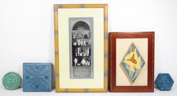 FOUR PIECES OF ROOKWOOD ART POTTERY: TRIVETS & TILE,: Lot of four pieces of assorted Rookwood glazed art pottery. Includes a green dodecagonal "Potter at the Wheel" trivet measuring 3.75" in diameter, a square blue glazed "Zonta International" trivet mea