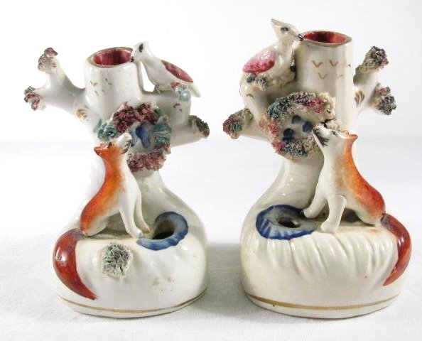 MINI PAIR STAFFORDSHIRE SPILL VASE PEN HOLDERS: A miniature pair of Staffordshire porcelain Fox & Bird spill vase pen holders. Each one measures 4" tall x 2.75" wide. Unmarked. Condition: good, very minor signs of age, no chips/cracks/repairs, see 
