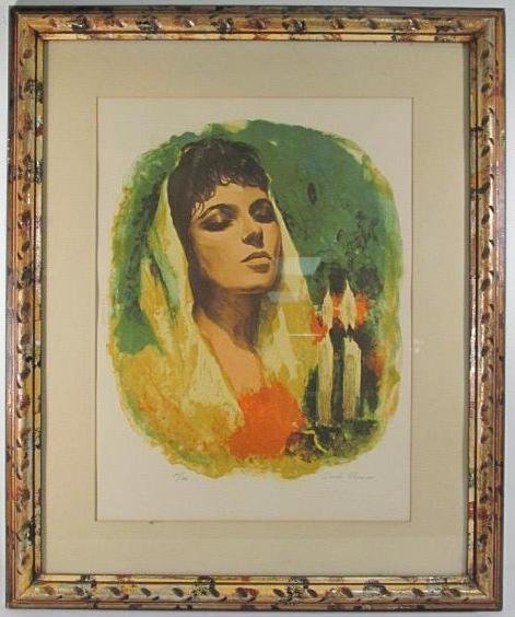 SANDU LIBERMAN "LIGHTING THE CANDLES" LTD ED PRINT: A limited edition colored print "LIGHTING THE CANDLES" by Sandu Liberman. Measurements: Frame - 28" x 34", image- 17.5 x 23.5". Condition: Frame - rubbing to paint finish, matting shows discoloration,