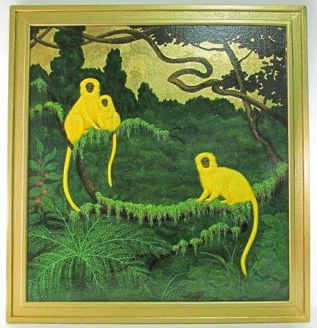 AMOS SHONTZ OIL ON CANVAS PAINTING: "GOLDEN LION: Amos Shontz oil on canvas painting titled "Golden Lion Tamarins". Signed in red lower right and framed in a gold tone frame. Condition: good, see images. Measures 38.75" tall x 36.5" wide (frame), and
