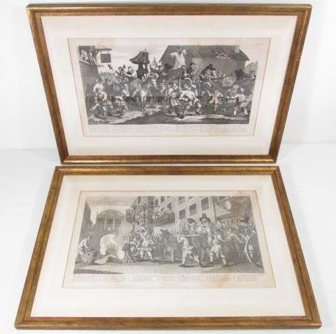 TWO 19TH C WILLIAM HOGARTH ENGRAVINGS BY T. COOK: Lot of two 19th century William Hogarth engravings by T. Cook. Includes "Burning of the Rumps at Temple Barr.", and "Hudibras Encounters the Skimmington". Both matted and behind glass in gold tone fra