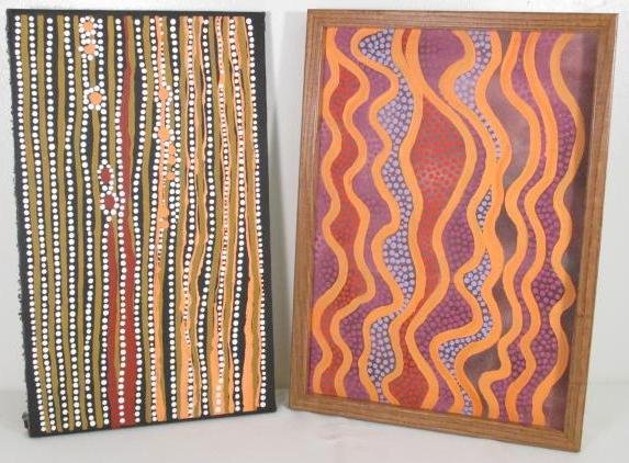 TWO AUSTRALIAN ABORIGINAL ACRYLIC ON CANVAS PAINTINGS: Two Australian aboriginal acrylic on canvas paintings from the Pitjantjatjara tribe. Both paintings appear to be titled "Totem- Ngintaka, Perrenti-Goanna" on verso. Condition: good, see images. Larger