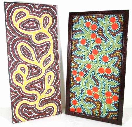 TWO AUSTRALIAN ABORIGINAL ACRYLIC ON CANVAS PAINTINGS: Lot of two Australian aboriginal acrylic on canvas paintings from the Pitjantjatjara tribe. One framed, one unframed. Both marked on verso "Totem- Ngintaka- Perrenti Goanna" with other information. Co