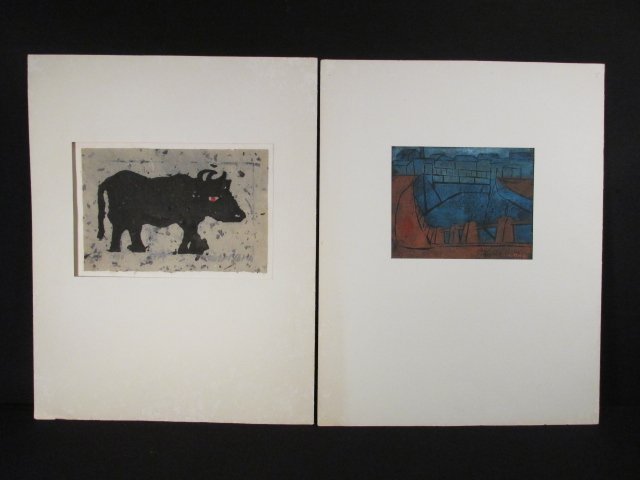 TWO JAPANESE COLOR WOODBLOCK PRINTS: AKIYAMA & ONO: Lot of two Japanese woodblock prints. Includes one by Tadashige Ono (margins trimmed, signed and numbered "20/30" on verso. The second woodblock is of a bull by Iwao Akiyama, (signed, numbered, and ti