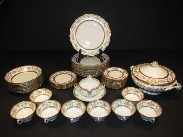 ANCIENNE MANUFACTURE ROYALE LIMOGES DINNERWARE: 39 PCS: Ancienne Manufacture Royale Limoges porcelain dinnerware. Each piece marked on base "ANC. Manufacture Royale Limoges France Findee en 1737, Veritable incrustation, Double Dorure". Includes (8) 10" pla