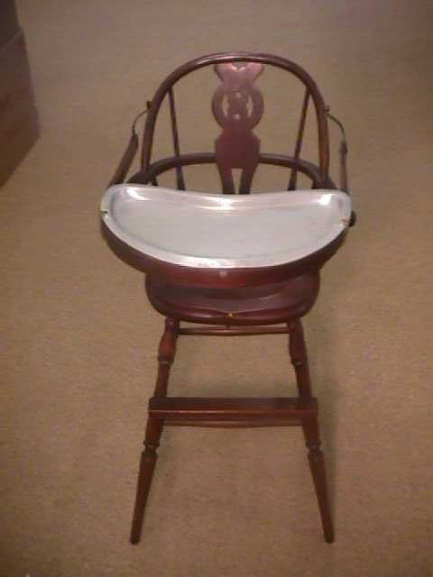 Antique wooden high chair with metal tray cheap