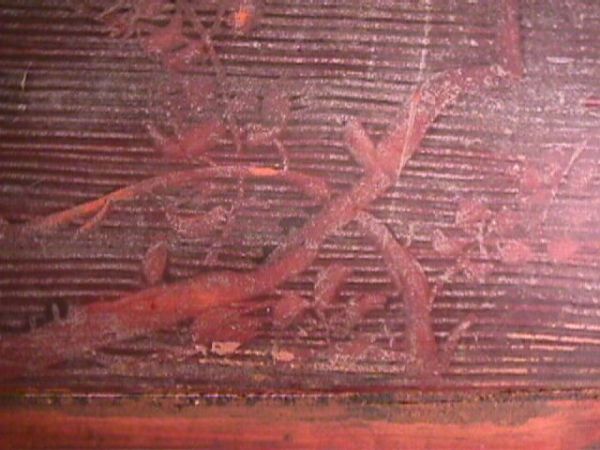 19TH CENTURY CHINESE ROSEWOOD TABLE: This early table has a gridwork maze on the top with decorative design. Many repairs to edges and top (see photos). 2 drawers in front. Measures 33 3/4" wide x 33 3/4" high. Good condition for age.