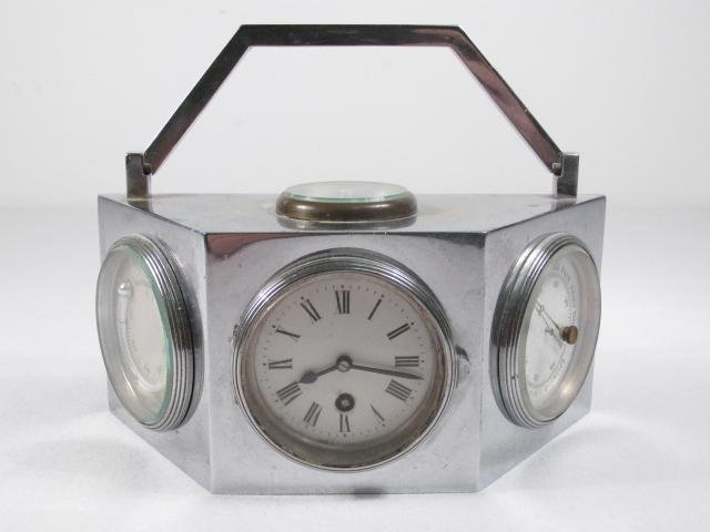 CHARLES HOUR ART DECO DESK CLOCK "WEATHER CENTER": Charles Hour Art Deco desk clock or "weather center" as some call it. Trapezoidal shaped, with a clock at the front, barometer on the right, thermometer at the left, and compass on top. Stamped "Ch. H