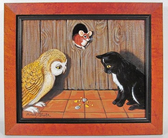 SMALL AMOS SHONTZ OIL ON CANVAS PAINTING: OWL &: Small framed oil on canvas painting by Amos Shontz. Written on backside of canvas is a short poem involving an owl, cat, and mouse: "The owl and the pussycat, invited the mouse to lunch- The mouse has
