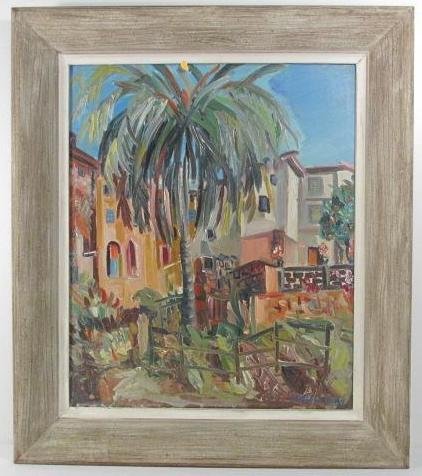 JAROSLAW KOZLOWSKI OIL ON CANVAS PAINTING: Jaroslaw Kozlowski oil on canvas painting, signed lower right "J. Kozlowski". Depicts an outdoor scene with a large palm tree. Condition: small repair to canvas upper right side, tiny loss to paint at
