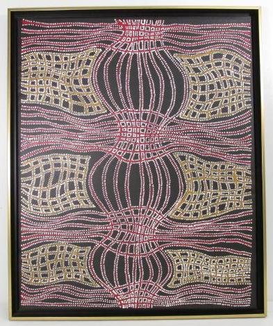 YUGAMBEH CONTEMPORARY ACRYLIC ON CANVAS PAINTING: Aboriginal Yugambeh contemporary acrylic on canvas painting. Appears to be signed on verso "Perry Matthews". Dated and titled on verso "2006 Ningeroongun". Condition: good, see images. Frame measures 