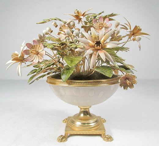 JANE HUTCHESON FOR GORHAM: ENAMELED FLORAL ARRANGEMENT: Jane Hutcheson for Gorham enameled floral arrangement in a white bullicante glass compote. Mounted with gilt metal rim and base. Unsigned (originally had paper label). Condition: base is loose where i