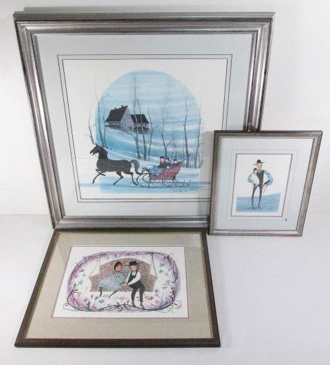 P. BUCKLEY MOSS LOT: SIGNED LTD. ED. PRINTS, RETIRED: A lot of three singed P. Buckley Moss limited edition framed prints. Included in this lot: (1) "DAD'S LOVING ARMS" #611/1000, in a 13" x 15.5" frame with a remarque on the matting, (1) "HOLDING HANDS"