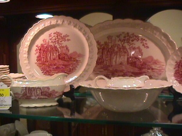 TAYLOR SMITH MULBERRY TRANSFERWARE DINNERWARE: TAYLOR SMITH MULBERRY TRANSFERWARE DINNERWARE 39 pieces include 13 1/2" platter, 5 large plates at 10", 8 small plates at 6 1/2", 6 saucers at 6", 1 cup at 5" wide, gravy boat at 8" wide, creamer at 6