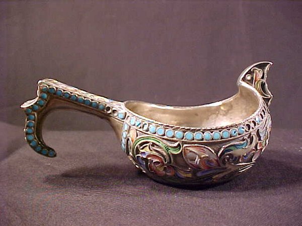 RUSSIAN ENAMELED SILVER KOVSH SEMYENOVA