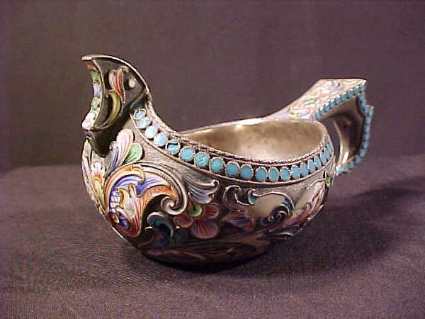 RUSSIAN ENAMELED SILVER KOVSH SEMYENOVA - 2
