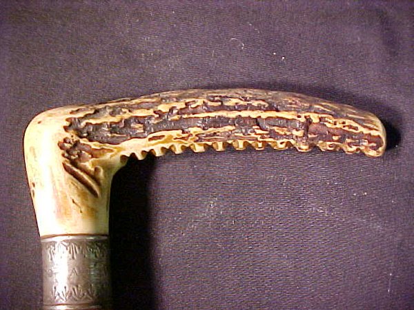 ANTIQUE CARVED HORN SILVER HANDLE CANE - 2