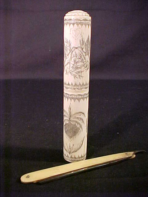 WALRUS IVORY SCRIMSHAW SHAVING KIT
