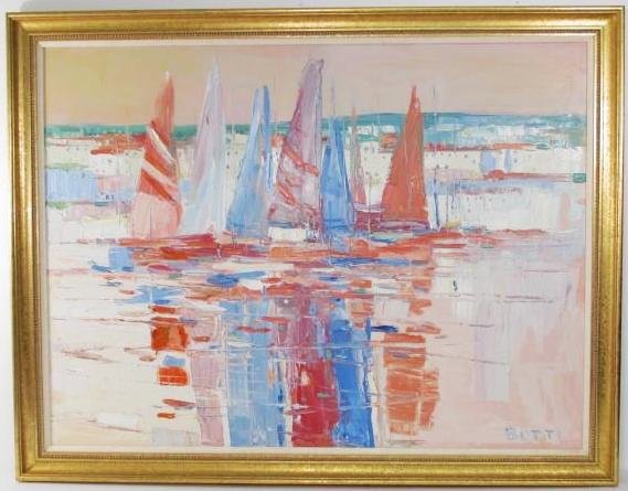 ITALO BOTTI ABSTRACT OIL ON CANVAS PAINTING: SAILBOATS: Italo Botti oil on canvas painting depicting a number of sailboats in a harbor. Heavy impasto style. Signed lower right "Botti". Matted in a gold tone frame. Condition: good, may be normal signs of ag