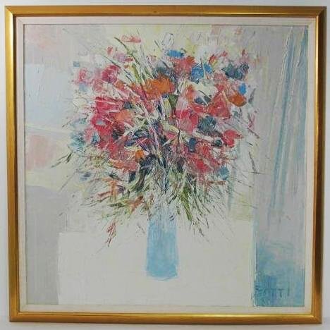 ITALO BOTTI IMPASTO STYLE OIL ON CANVAS PAINTING: Italo Botti impasto style oil on canvas painting depicting an abstract bouquet of flowers. Signed lower right "Botti", and framed in a large gold tone frame. Condition: good, no apparent signs of dama
