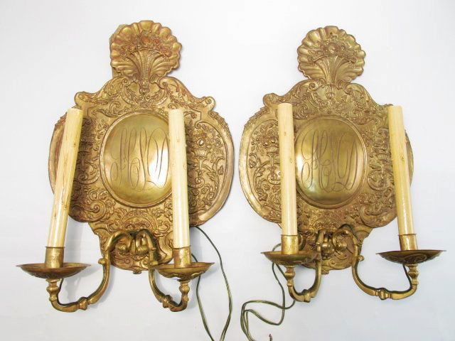 PAIR OF 19TH C DUTCH EMBOSSED BRASS WALL SCONCES (1 of 10)