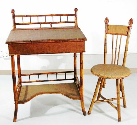 EARLY 20TH C BAMBOO & RATTAN WRITING DESK & CHAIR (1 of 10)