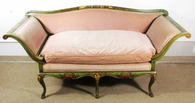 ITALIAN GREEN HAND PAINTED CANAPE/SETTEE: Italian green hand painted canape or settee measuring 68.5" long x 32.5" tall x 28" deep. Condition: generally good, no apparent stains, see images. Weight: approx. 60 lbs.