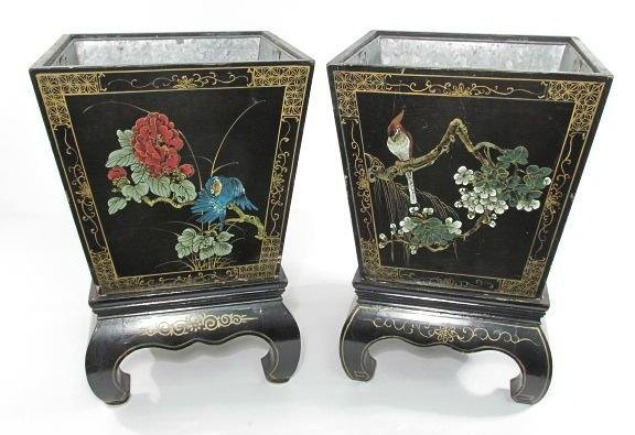 PAIR CHINESE BLACK LACQUER PLANTERS (1 of 10)