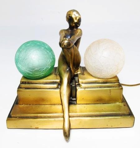SARSPARILLA DECO DESIGN NUDE FIGURAL BOUDOIR LAMP: Sarsparilla Deco Design nude figural boudoir lamp with two glass shades, one green and one white (clear). Nude woman is shown is hair over her face. Signed on back edge by Sarsparilla Deco Designs. Co