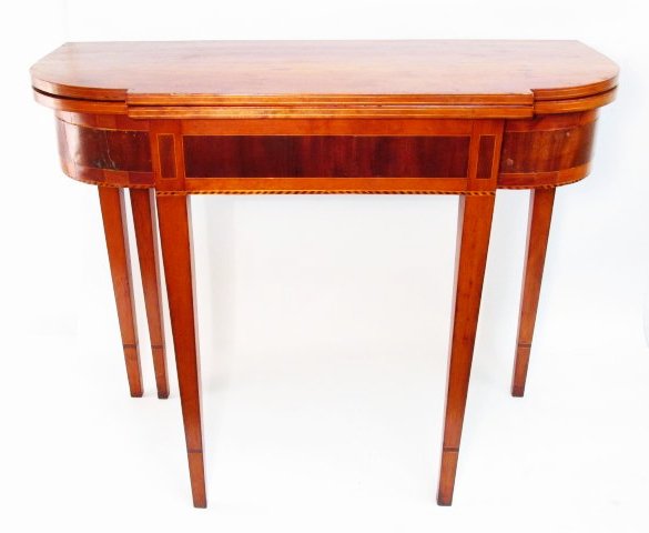 FEDERAL STYLE INLAID CHERRY FLIP TOP GAMES TABLE: Antique 19th century Federal style cherry wood flip-top games table with one fold out rear leg for supporting game surface. Parquetry inlay and banding. Condition: restorations done to veneer inlay on