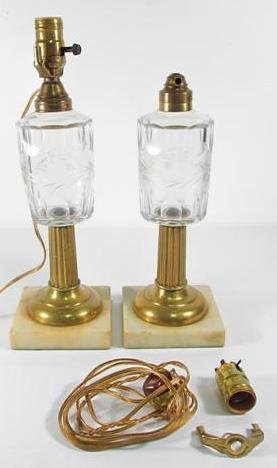 PAIR BOSTON & SANDWICH GLASS COMPANY OIL LAMPS: Pair of rare Boston and Sandwich Glass Company engraved whale oil lamps engraved with a thistle pattern. Circa mid-late 19th century, (Civil War period). Each mounted with a reeded brass stem, white m