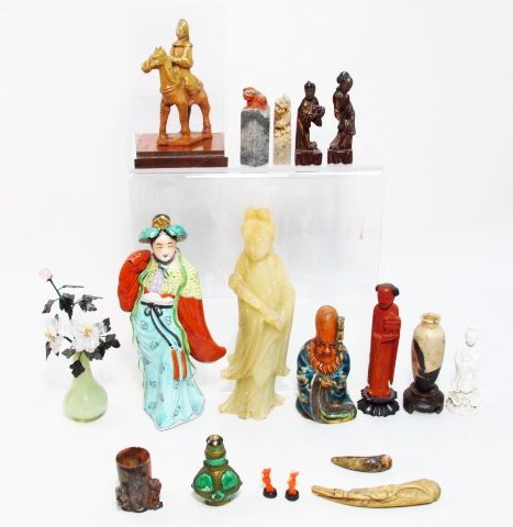 GROUP LOT ASSORTED CHINESE & OTHER DECORATIVES:: Group lot of assorted Chinese and other decoratives. Includes soapstone, snuff bottle, carved horn, porcelain, and more! Condition: all as-is estate found condition, generally good but some signs of d