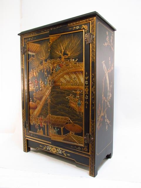 CHINESE LACQUER HAND PAINTED TWO DOOR CABINET: A Chinese hand painted lacquer cabinet with raised figural design on doors. Measurement: 34" tall x 23.5" wide x 12" deep. Condition: Good, some wear to finish, one door does not securely close. see i