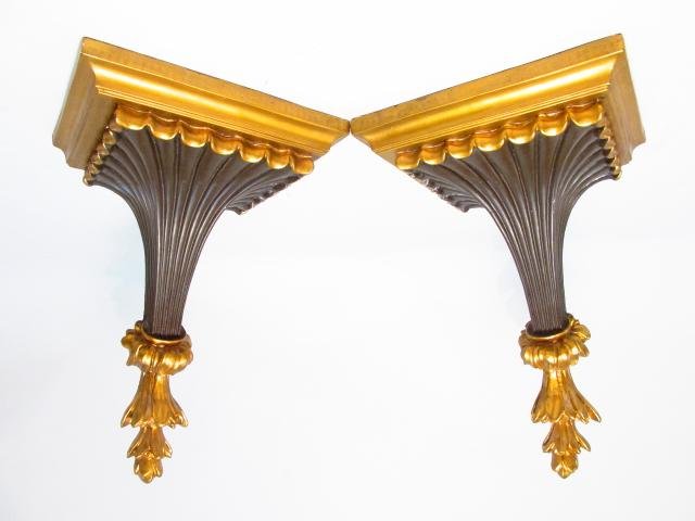PAIR BRONZE & GOLD TONED RESIN 13" CORBELS: Pair bronze and gold toned resin 13" corbels or wall brackets. Each measures 9.5" wide. Condition: generally good, minor scratches to finish in areas, see images. Weight: 7 lbs.