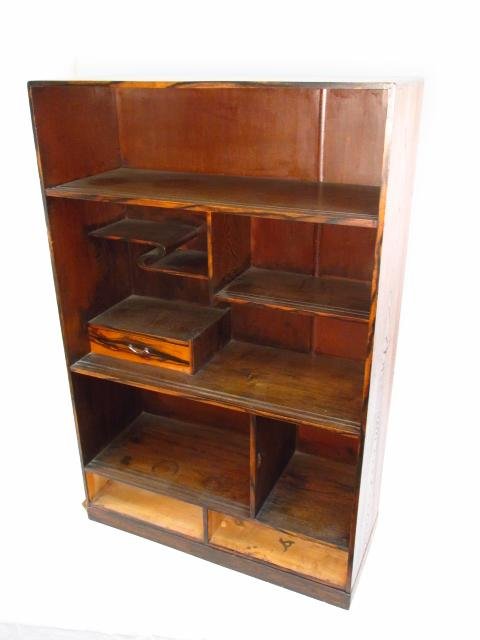 CHINESE CARVED WOOD SHELF - MACASSAR EBONY VENEER: Chinese carved wood whatnot shelf with a Macassar ebony wood veneer accent. Measures a total of 42" tall x 27.25" wide and 11" deep. Condition: heavy signs of wear and age, missing one drawer, missing