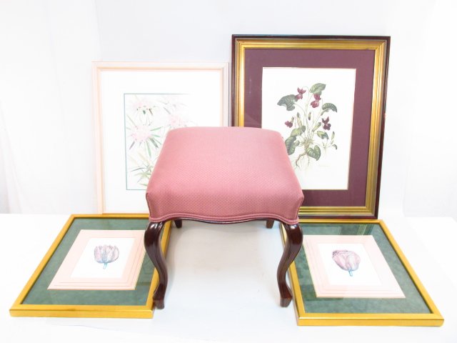 HOUSEHOLD DECORATIVES LOT: PRINTS & FOOTSTOOL: Lot of assorted decoratives, etc. Includes four framed prints/paintings, and a 17.5" tall x 20" wide footstool (Queen Anne style). Condition: may be inor signs of use to each piece, see images. Weight