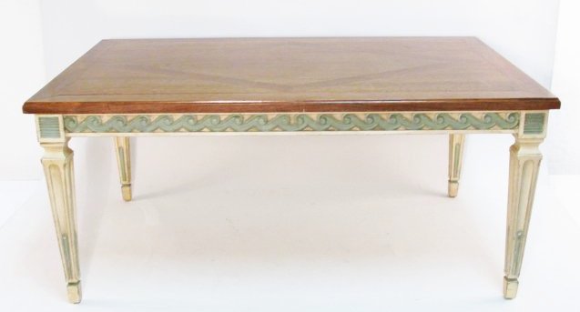 VINTAGE NEOCLASSICAL STYLE PAINTED COFFEE TABLE: Vintage Neoclassical style painted wood coffee table. Measures 16.25" tall x 36" long x 22" wide. Marked with tag reading "Guildhall Cabinet Shops LLC". Condition: generally good, minor dings/knicks t