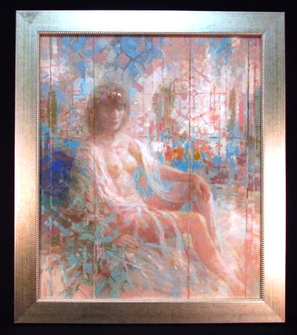 HARRISON RUCKER OIL ON CANVAS PAINTING: NUDE WOMAN: Harrison Rucker oil on canvas painting depicting a nude woman. Signed "Rucker" lower right and framed in a large metallic finish frame. Condition: good, no signs of damage to painting, may be normal s