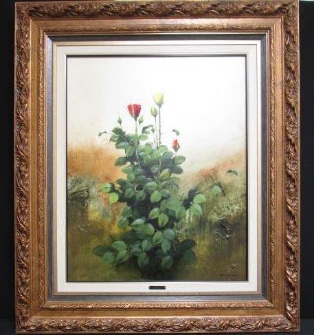 JOSE BARBERA ACRYLIC ON CANVAS PAINTING: ROSES: An acrylic on canvas painting by Jose Barbera. Subject: red and yellow roses. Framed in a large gold tone frame with plaque at base reading "Barbera". Painting appears to be signed "Jose Barbera" lowe