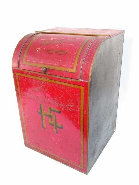 TOLE PAINTED TIN GENERAL STORE ADVERTISING "MALT" BIN: Antique tole painted tin general store advertisement "Malt" dispenser bin with stenciled lettering and lines. Made by Jacobs Brothers, New York. Marked on the roll top lid "Malt", and below that, on t