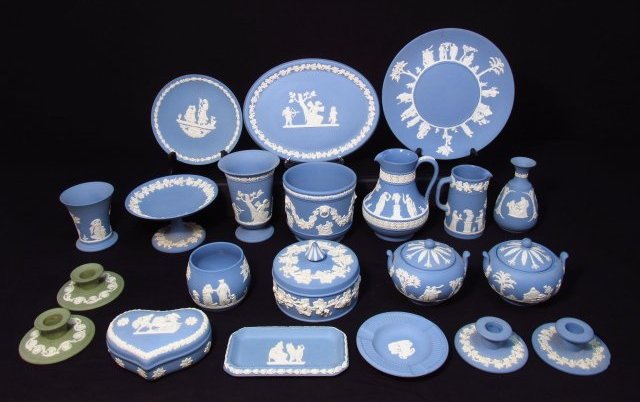 LARGE LOT ASSORTED WEDGWOOD BLUE JASPERWARE PORCELAIN: Large lot of Wedgwood blue jasperware. Includes vases, pots, pitchers, plates, candlesticks, sugar bowls, plaques, ashtrays, boxes, and more. Each piece marked accordingly. Lot also includes two green